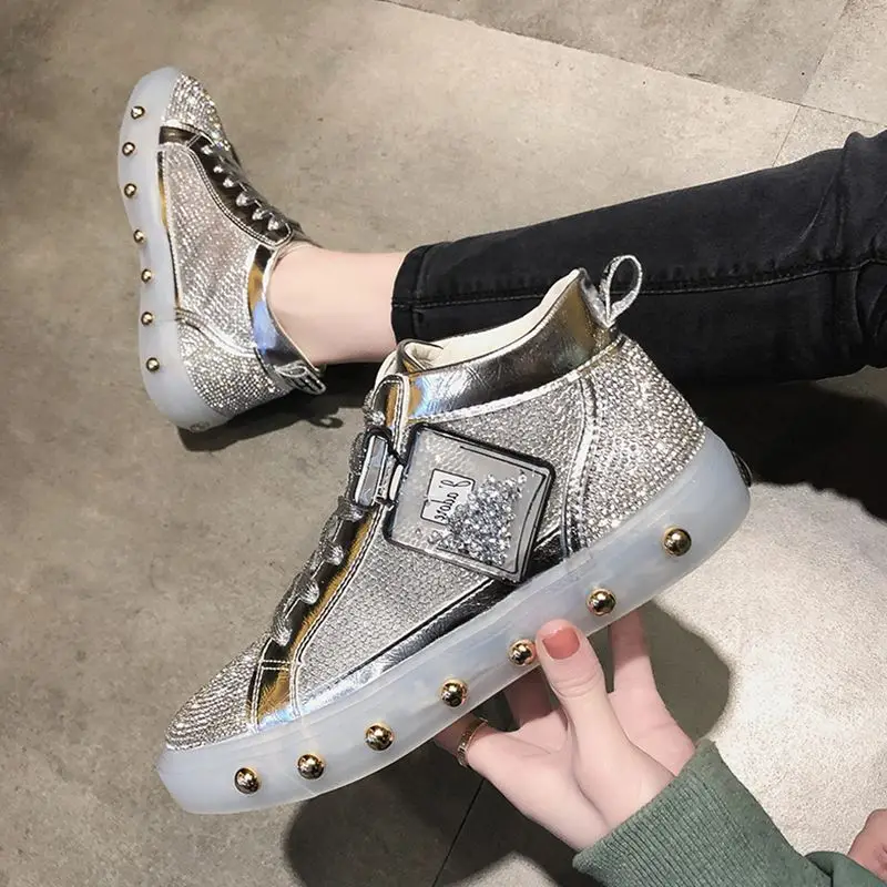 

Fashion Women's Bling Lace-Up Sneaker Casual Rhinestone Flat Shoes 2019 Spring autumn lady High top Light shoes Gold rivet