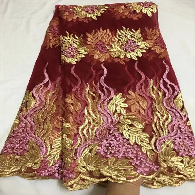 

Fashonable style french lace fabric with beads tulle lace fabric Nigeria wine red color net lace party dress embroidery lace