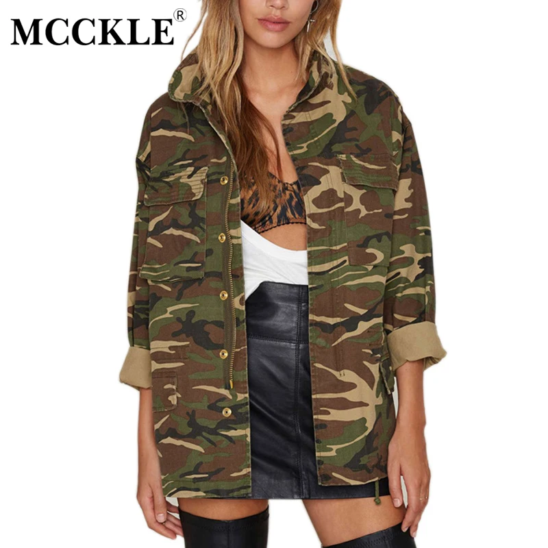 MCCKLE Women S Camouflage Long Jacket Stand Collar Army Green Streetwear Coat 2017 Autumn Winter Female