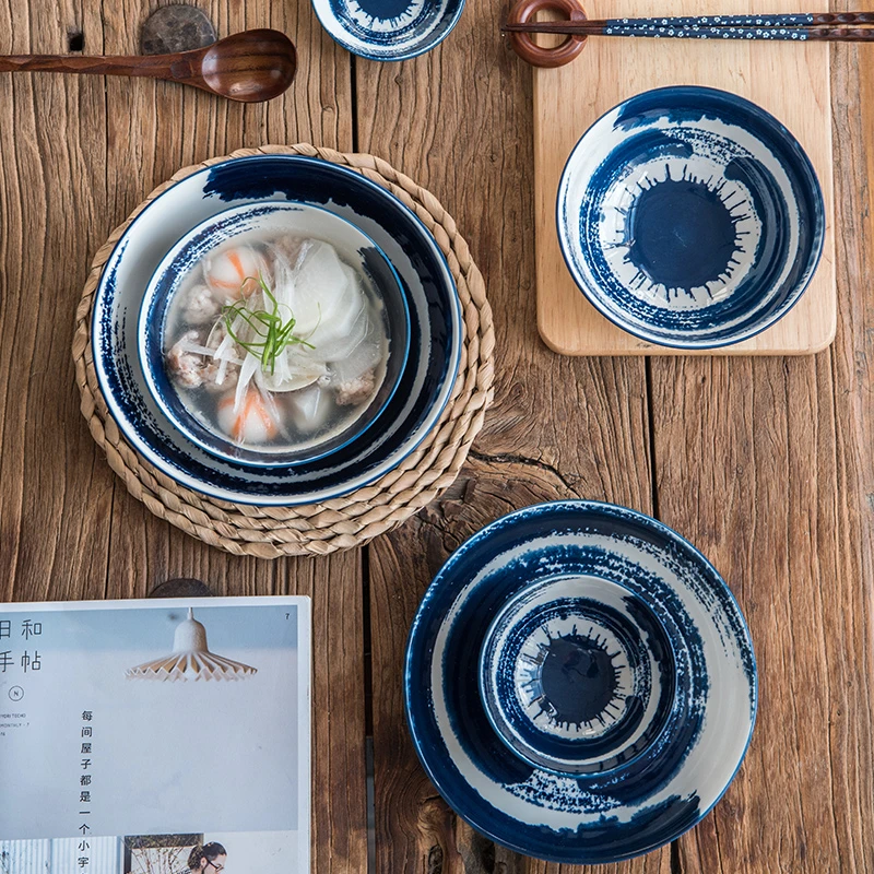 ANTOWALL личность синие чернила полосатая столовая посуда японский шар риса суп лапша чаша фарфоровая чаша дома ресторан посуда