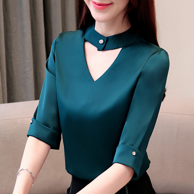  Dingaozlz V-neck Women Blouse New Fashion Half sleeve Professional OL shirt Solid color Summer Tops