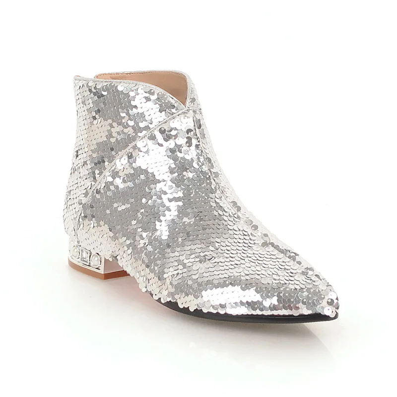 WETKISS/зимние женские ботильоны; шикарная короткая плюшевая обувь с острым носком и кристаллами; женские ботинки; обувь на низком каблуке с блестками; женская обувь; - Цвет: silver