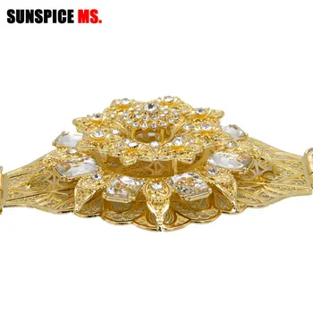 

SUNSPICE-MS plus size women metal waist belt silver gold color indian big crystal Broadside wedding body chain adjustable length