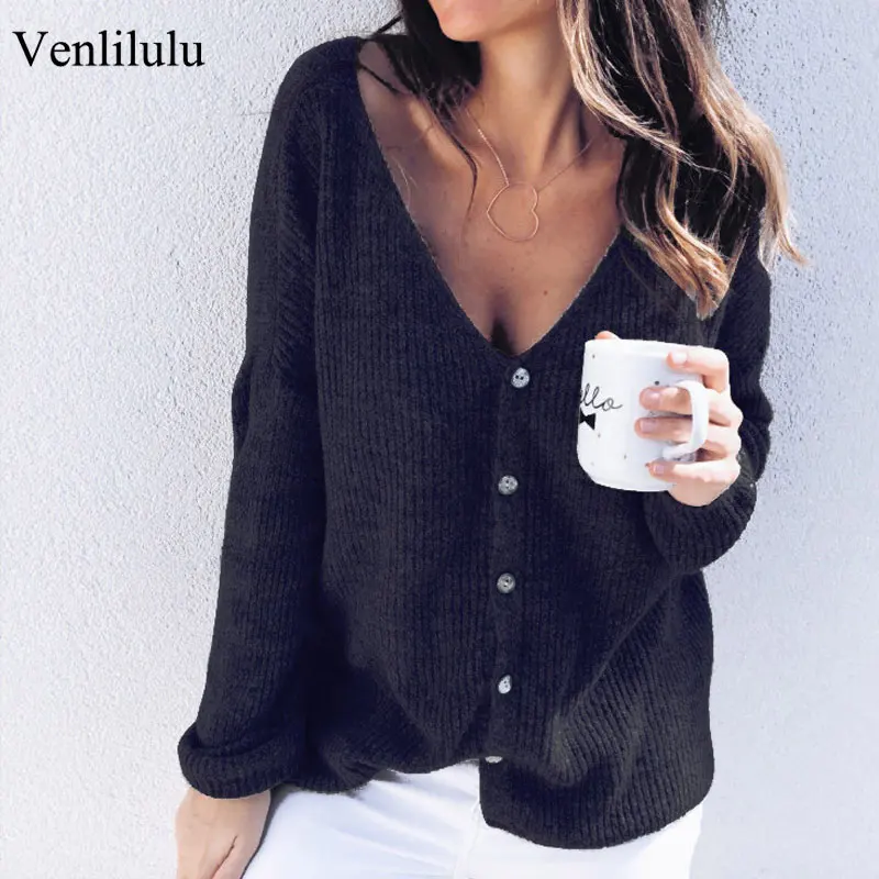 Knitting Sexy Sweater Cardigan Women Loose V- Neck Sweaters Female Cardigans Long Sleeve Knitted Ladies Plus Size |