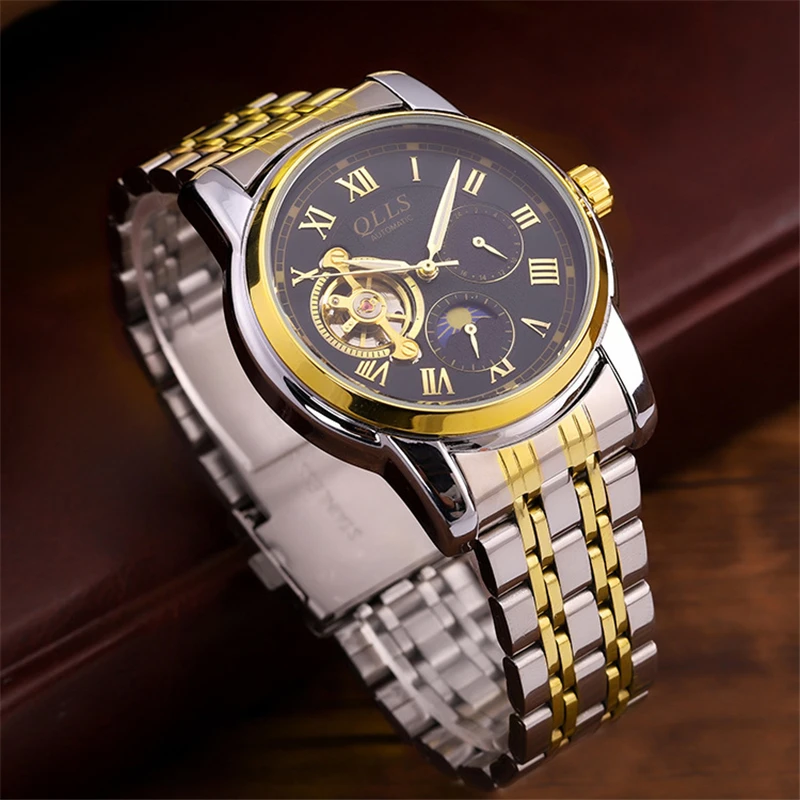 

QLLS Top Brand Men Mechanical Watch Automatic Tourbillon Moon Phase Fashion Luxury Stainless Steel Male Clock Relogio Masculino