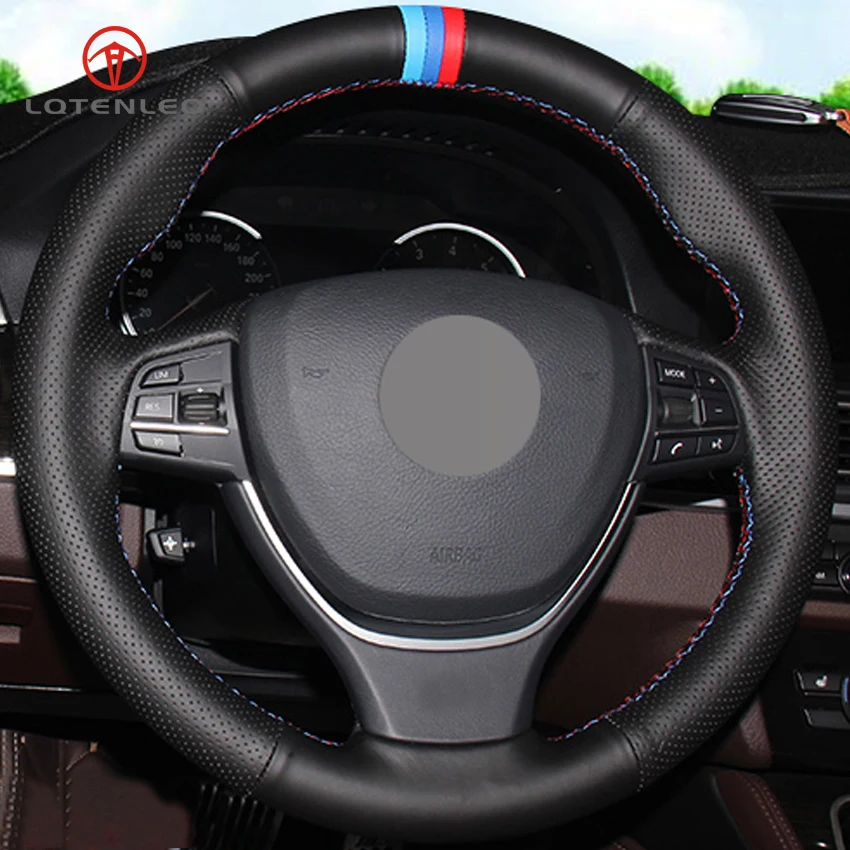 

LQTENLEO Black Genuine Leather DIY Hand-stitched Car Steering Wheel Cover for BMW F10 2014 520i 528i 2013 2014 730Li 740Li 750Li