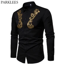 Мужская Черная Свадебная рубашка, блестящая золотая Цветочная вышивка пайетками, мужские брендовые рубашки, повседневные рубашки с длинным рукавом Camisa Social Masculina