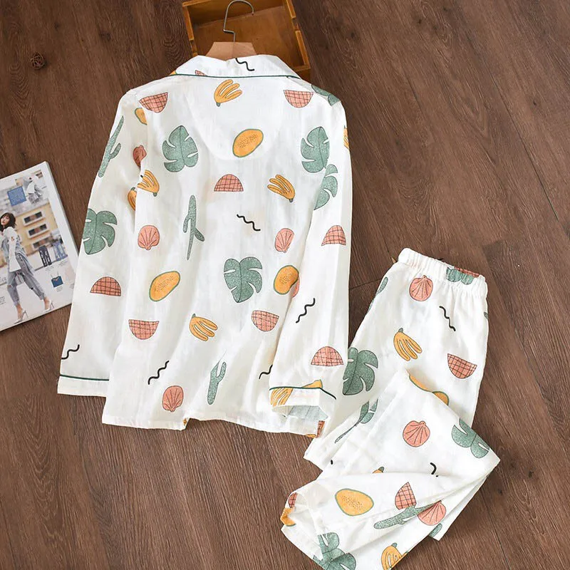 Пижама с рисунком кактуса для женщин, марлевые хлопковые Пижамные комплекты с длинными рукавами и отложным воротником, домашняя одежда, одежда для сна
