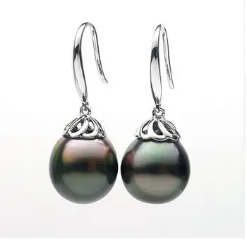 

Free Shipping Luminous Genuine Tahitian Peacock Green Pearl Hook Drop Earrings 14K White Gold