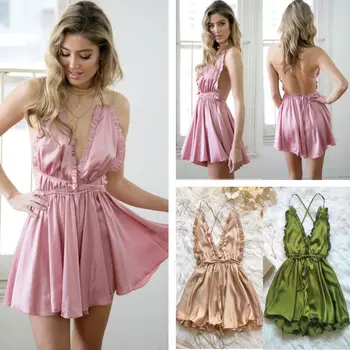

Summer Sexuality Women's Ruffles Sleepwear V Neck Solid Jumpsuit Rompers Sleeveless Floral Backless Trouser