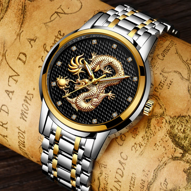 Relogio masculino, оригинальные мужские часы LIGE s, Лидирующий бренд, Роскошные Кварцевые часы с золотым Драконом и скульптурой, мужские полностью Стальные наручные часы+ коробка