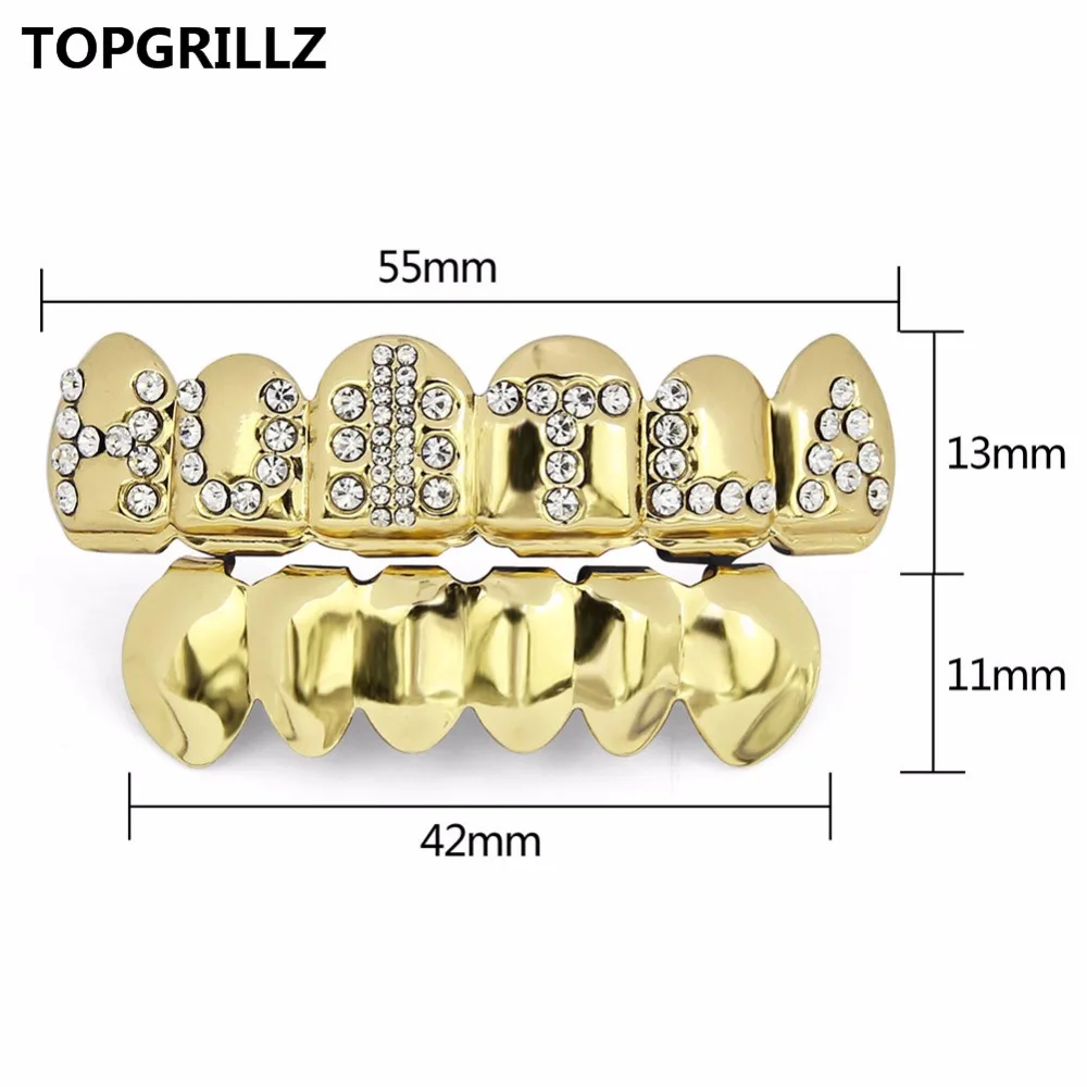 TOPGRILLZ золото цвет покрытием Iced Out письмо CZ камень хип хоп ЗУБЫ для рот GRILLZ шапки Топ и дно грили набор Классический зуб