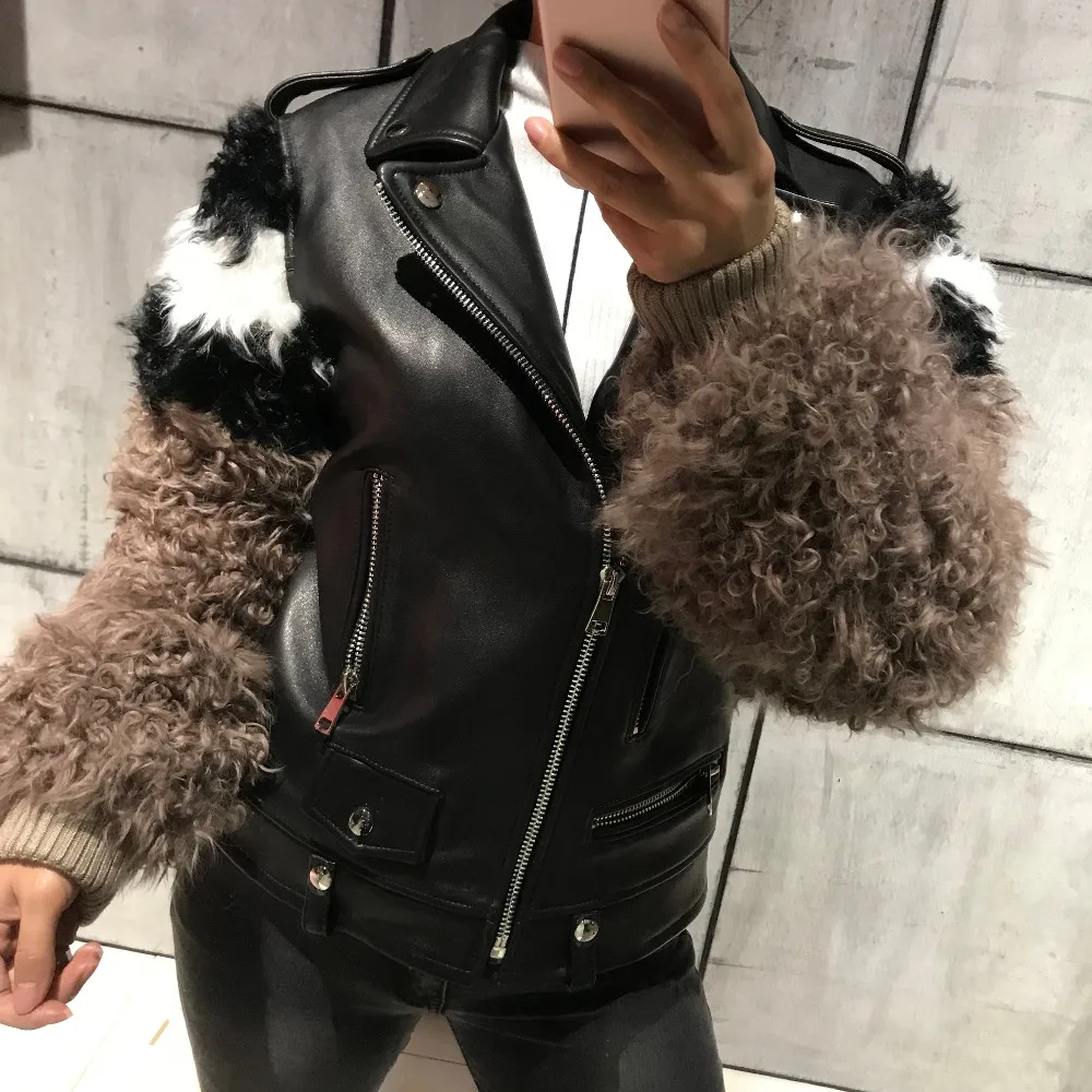 Buy genuine leather jacket with lamb fur sleeve from