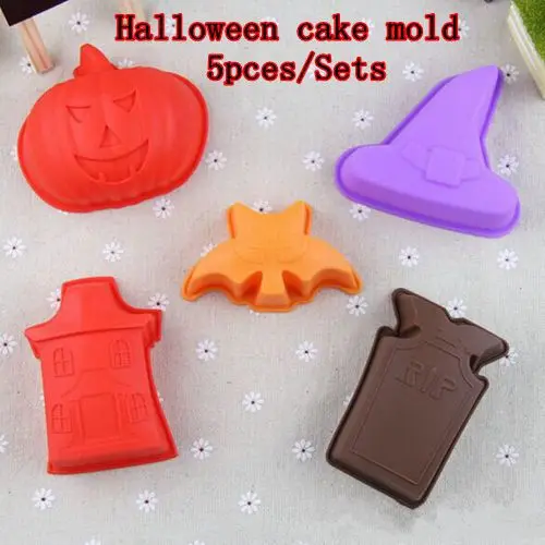 

Halloween cake decorating kit Pumpkin Grave Haunted House Bat Witch Hat 5pcs/Sets silicone cake pop mold free shipping