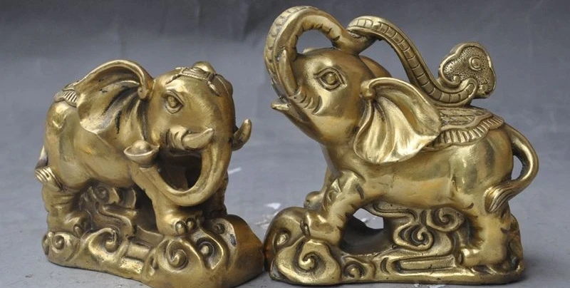 

chinese brass fengshui Auspicious Animal yuanbao Ruyi lucky Elephant statue pair