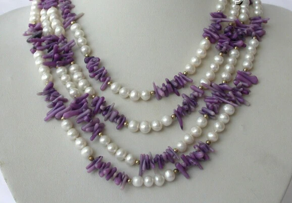 

FREE SHIPPING>@@> RHJ00130 stunning 4rows 7mm round white freshwater pearl coral branch necklace