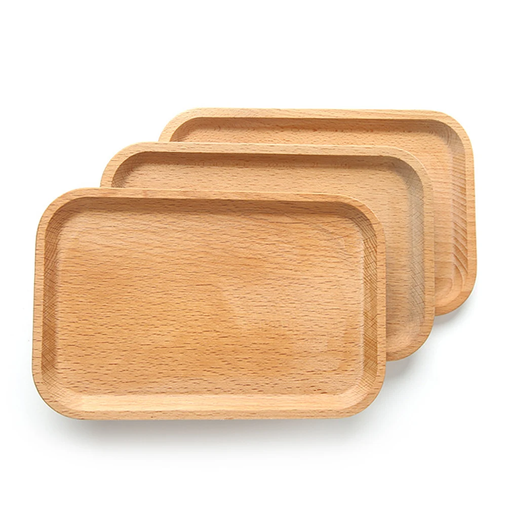 Solid Beech Wood Rectangular Dinner Plate Western Food Rectangular Round Corners Snack Dessert Serving Tray