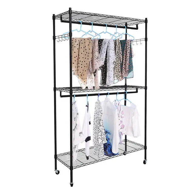 2tier Rod Closet Organizer Garment Rack Clothes Storage Hanger Shelf 2tier Rod Closet Organizer Garment Rack Clothes Storage Hanger Shelf Hooks Black