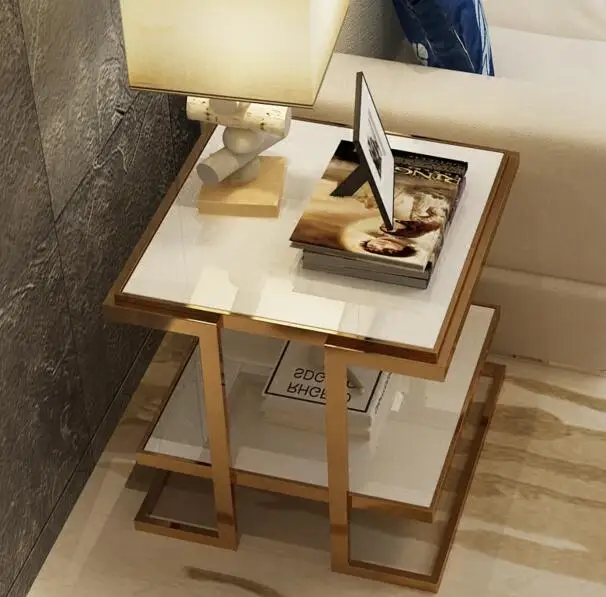 Simple modern sofa corner. Metal tempered glass multi-layer white edge table. Small tea table.. Simple modern sofa corner. Metal tempered glass multi-layer white edge table. Small tea table..
