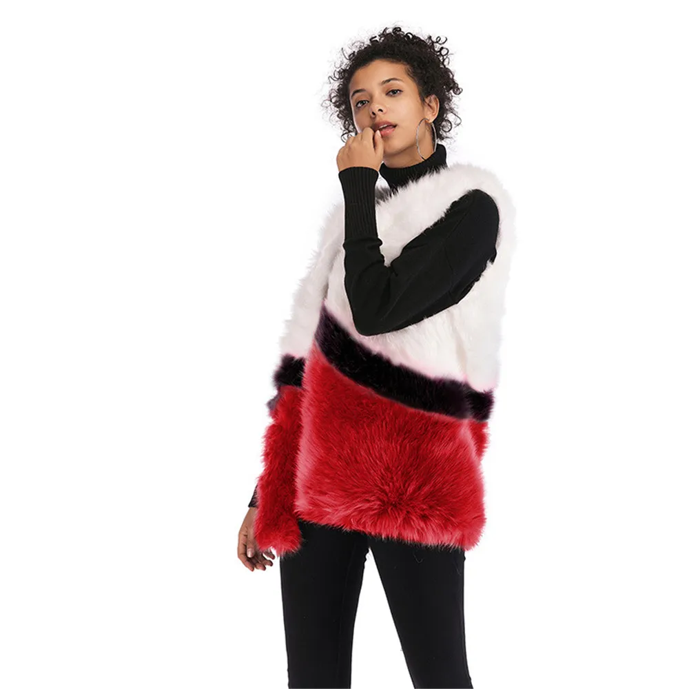 Multicolor Color Block Faux Fur Coat Casual Patchwork Long Sleeve Outerwear Women Winter Modern Lady Coats