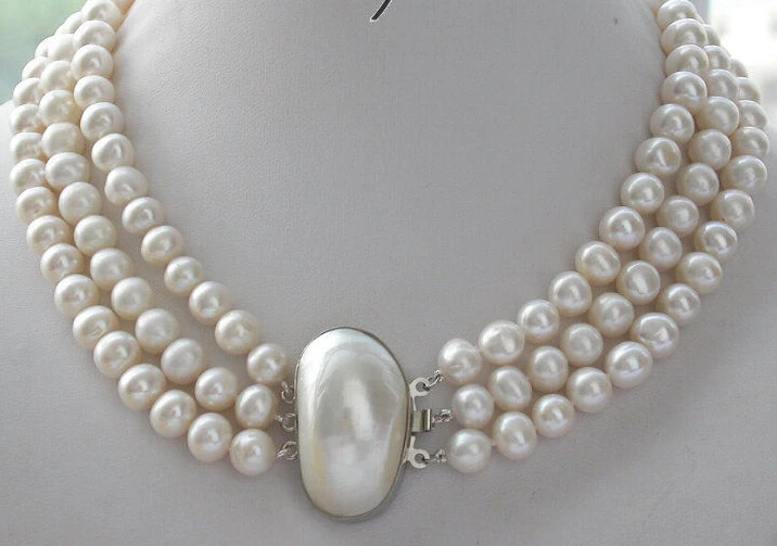 

Free Shipping ***Hot sale >>>A++ 3row 8-9mm round white freshwater pearl necklace mabe