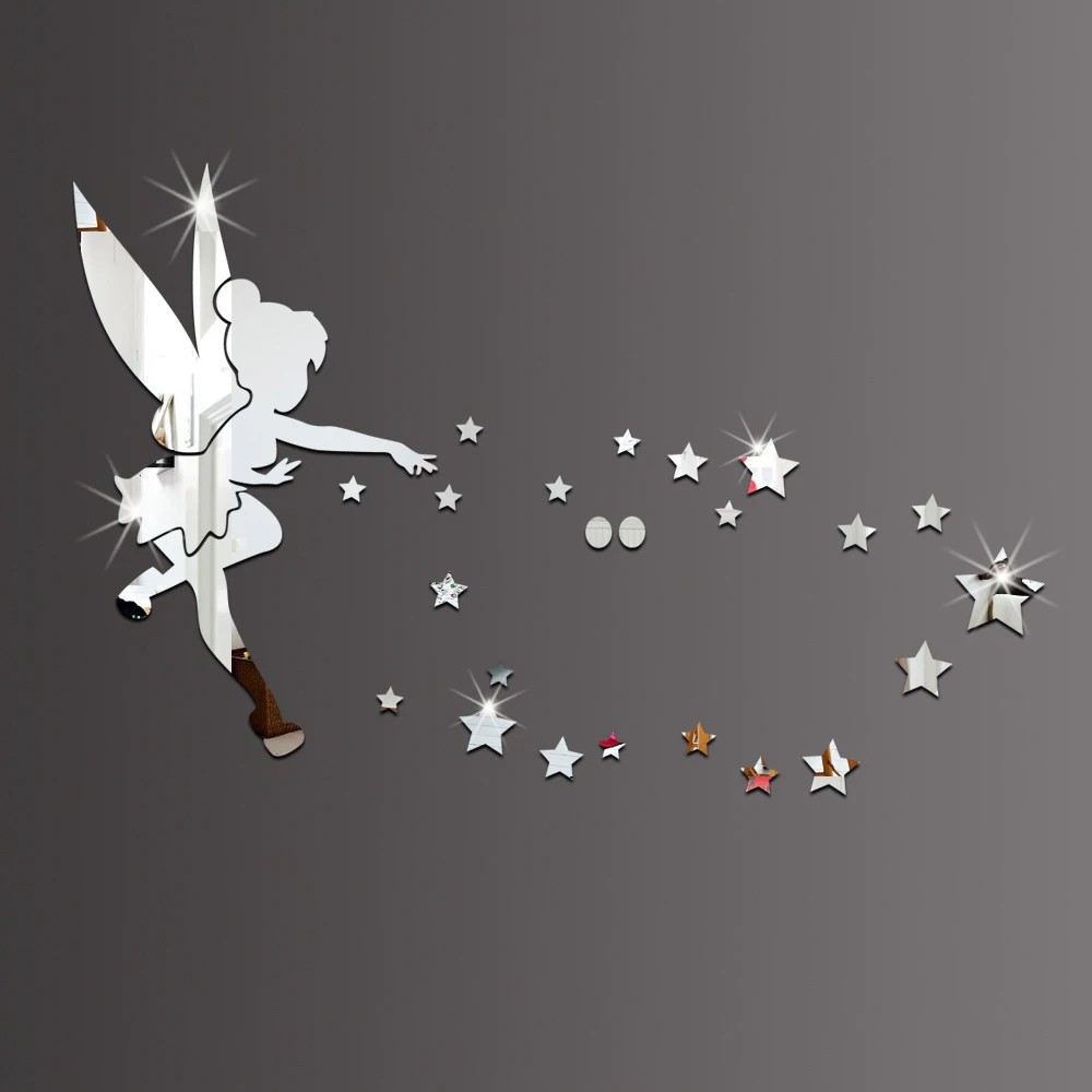 

Fairy Angel Acrylic Mirror Wall Stickers 3D DIY Angel In The World Star Mirror Silver Wall Sticker Kids Bedroom Home Decor