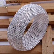 Solid 925 Silver Bangle & Bracelets for Women Mesh Round Wide Cuff Bangles Wristband Pulseira Femme Wedding Jewelry Accessories 2014 new women cuff real pure silver bracelets bangle 925 sterling silver jewelry genuine solid silver cuff bangle
