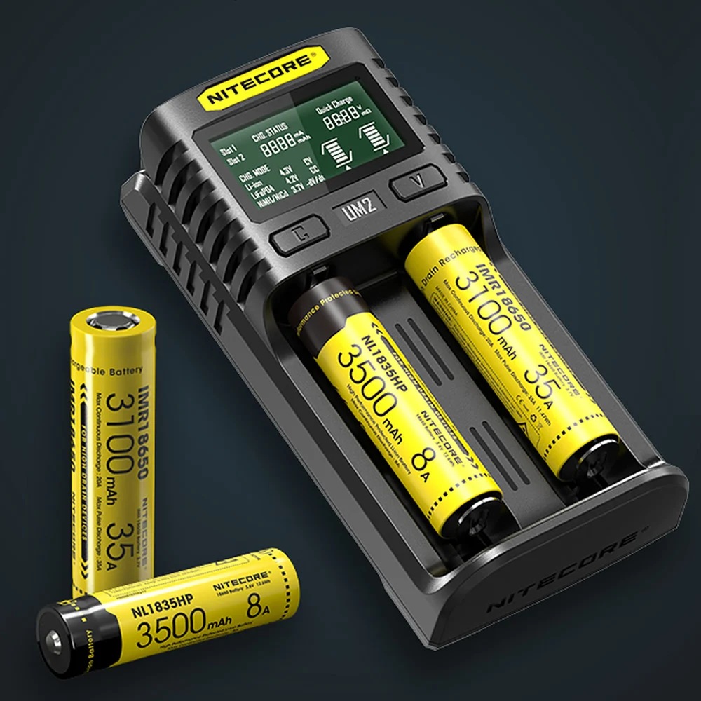 NITECORE UM2 автоматическое универсальное 3а быстрое зарядное устройство интеллектуальное USB Двухслотовое зарядное устройство ЖК-дисплей литий-ионный IMR аккумулятор