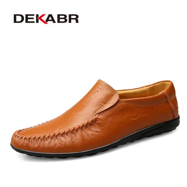 Мужские дышащие туфли ручной работы DEKABR, черные повседневные мокасины натуральной кожи для вождения, мужская брендовая обувь, большие размеры 36-47, весна-лето - Цвет: Red Brown