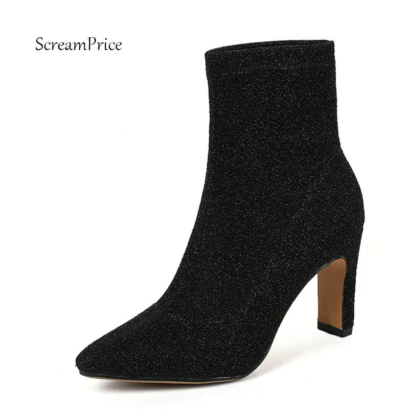 

Female Comfort Sequined Cloth Square Heel Ankle Boots Fashion Slip On Pointed Toe Women Fall Winter Bootie Black Silver