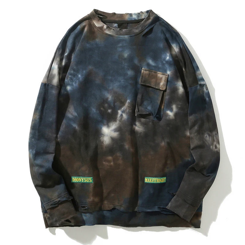 

Personalized tie dyeing lazy wild hip hop loose round neck hole long-sleeved Men T-shirt L299