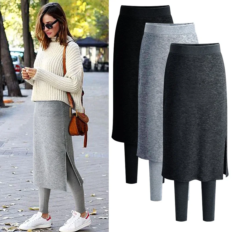 

S-6XL Plus Size Warm Winter Long Skirt Fake Two-piece Fleece Thickening Knit Skirts Womens Harajuku Jupe Femme Falda Mujer