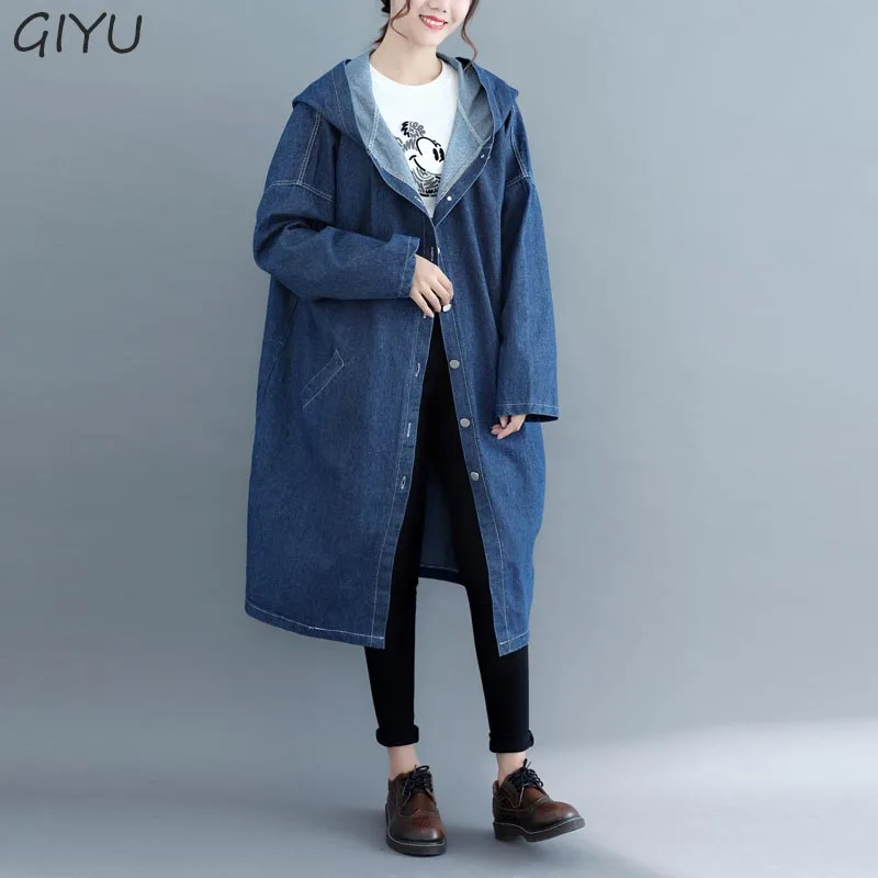 

Plus Size Long Denim Cardigan Coat 2019 Autumn Winter Women Fashion Jackets Outerwear Hooded Long Sleeve Korean Loose Outerwear
