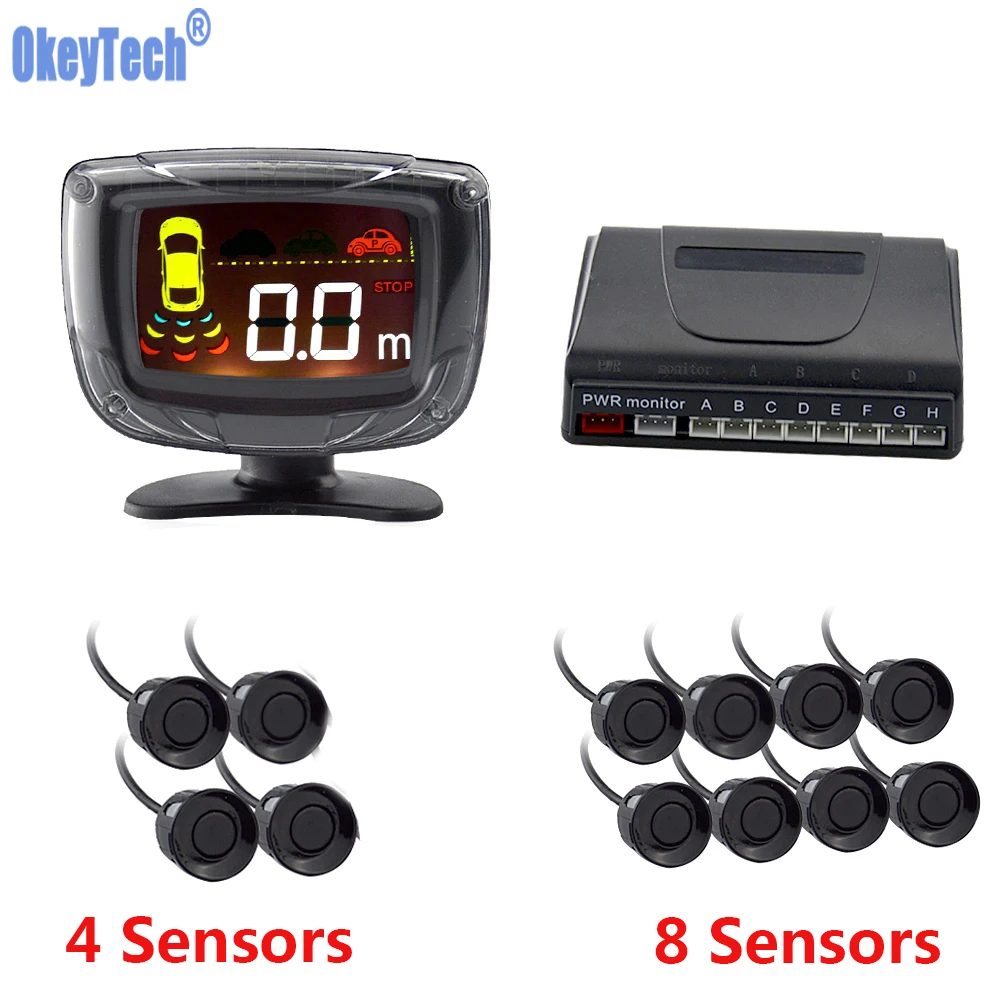preço OkeyTech Auto Detector de Radar Parktronic Reverso Do Carro Sensor de Estacionamento 4 8 Display LED Sistema de Estacionamento Assistência Backup Monitor Traseiro