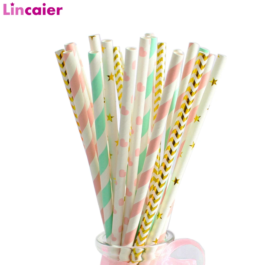 

25pcs Gold Pink Paper Straws Birthday Party Decorations Kids Wedding Disposable Party Tableware Unicorn Frozen Supplies