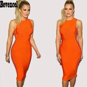 

Bevencel 2019 orange khaki red hollow out bodycon women bandage dresses sexy sleeveless evening party Khloe Kardashian dress