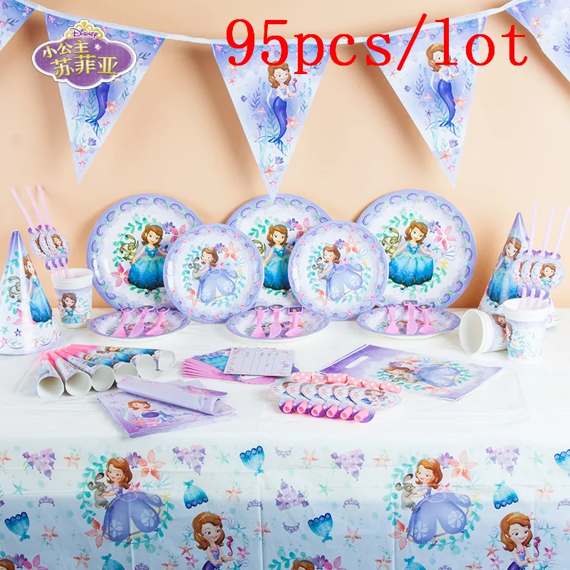 Disney Sofia The First 65 шт. чашка тарелка соломы мешок подарков Свадьба Baby Shower для маленьких девочек на день рождения Шум Maker баннер украшения питания