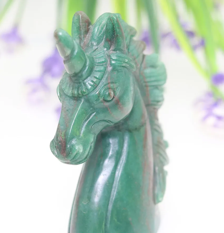 

3.59"GREEN JASPER Handmade Carved Crystal Unicorn Skull Crystal Realistic Healing Stones and Crystals Good Luck TE74