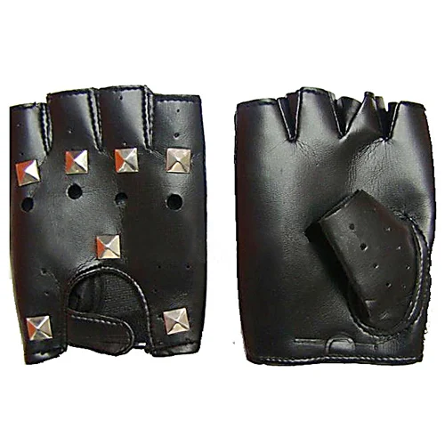 Hot Unisex Fingerless Rivet Leather Vented Black Cowhide
