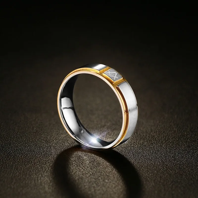 Meaeguet Men Masonic Rings Stainless Steel Gold-Color 6MM Wide Ring For Male Wedding Jewelry