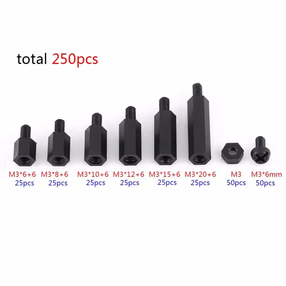 M3*25 Akozon 250pcs Standoff M2 M3 Tornillo y Tuercas Maletero Separador Negro Nylon Hexagonal Separadores Surtido Nuts Conjunto Con Caja De Pl/ástico