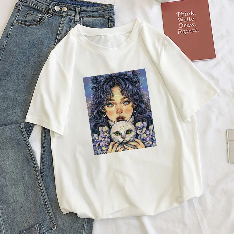 

Korea Vintage Summer Harajuku tees Cartoon Star Print Large Size Loose Female Short Sleeve Tops Ulzzang Myth Flower Art Shirt