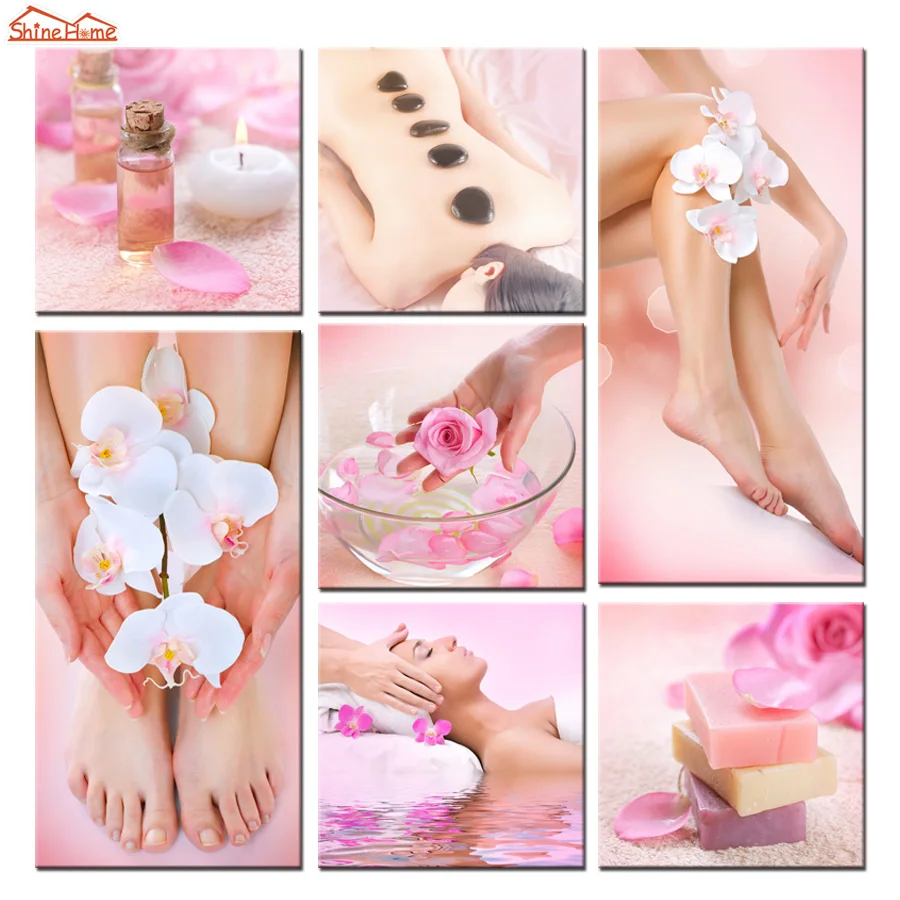 Фотообои ShineHome 7pcs модульные картины Spa Body Nail Salon массаж искусство розовые холст