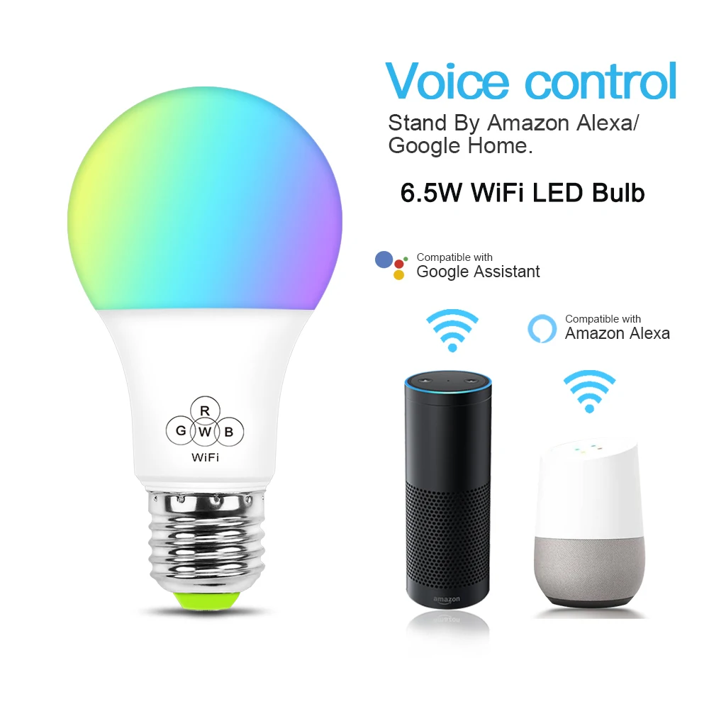 

WIFI Smart Bulb Voice Control 6.5W E27/E26/B22 RGBW Dimmable Wireless Bulb Lamp For Living Room Hotel Bedroom KTV
