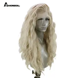 Anogol высокое температура волокно бесплатная часть Длинные свободные волны платиновый блондин синтетические передние волосы на кружеве