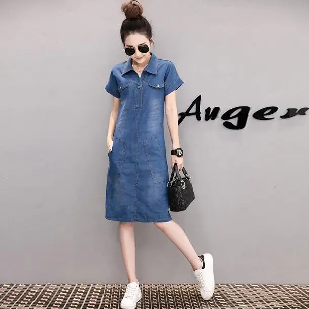 

2019 Summer Maxi Denim dress women Vintage Turn-down Collar Short Sleeve Pockets jeans dresses Plus Size dress vestidos DF880