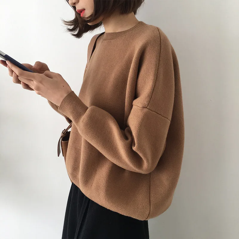 Spring Autumn Warm Cotton Pullovers Sweaters Women Casual Solid Color Drop Shoulder Loose Cozf