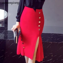 Повседневное Для женщин юбка офис русалка юбки лоскутное хлопка оборками Кнопка Высокая Талия Bodycon Slit леди миди-юбка плюс Размеры