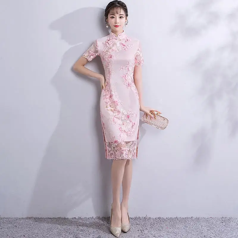 Pink Ladies Sexy Split Slim Cheongsam Elegant Embroidery Flower Qipao Vintage Handmade Button Chinese Dress XS S M L XL XXL - Цвет: Style 6