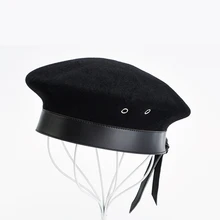 Осенне-зимние женские черные шерстяные кожаные пеньковые армейские кепки Женская фетровая шляпа художника